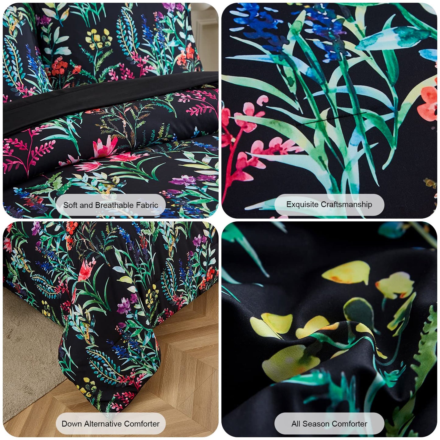DHSFKBE 7 Piece Bed in a Bag Floral Comforter Set, Botanical Flowers Comforter and Sheet Set, Soft Microfiber Lightweight Bedding Comforter Set for All Season(Dark Floral, Queen)