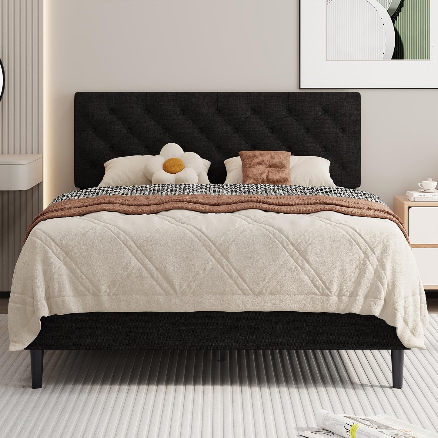 BarnFurin Queen Bed Frame, Upholstered Platform Bed with Button Tufted Headboard, Fabric Bed Frame with Wooden Slats Support, No Box Spring Required, Easy Assembly, Black