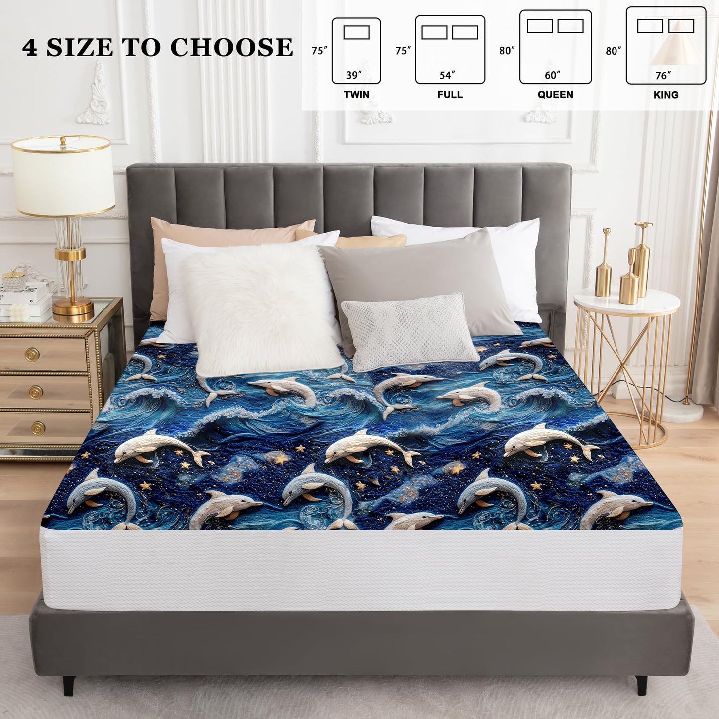 Sufdari Queen Mattress Protector,Waterproof Mattress Protector,Fitted Sheet Style Mattress Cover with 18" Deep Pocket,Washable and Comfortable-Dolphin,Queen