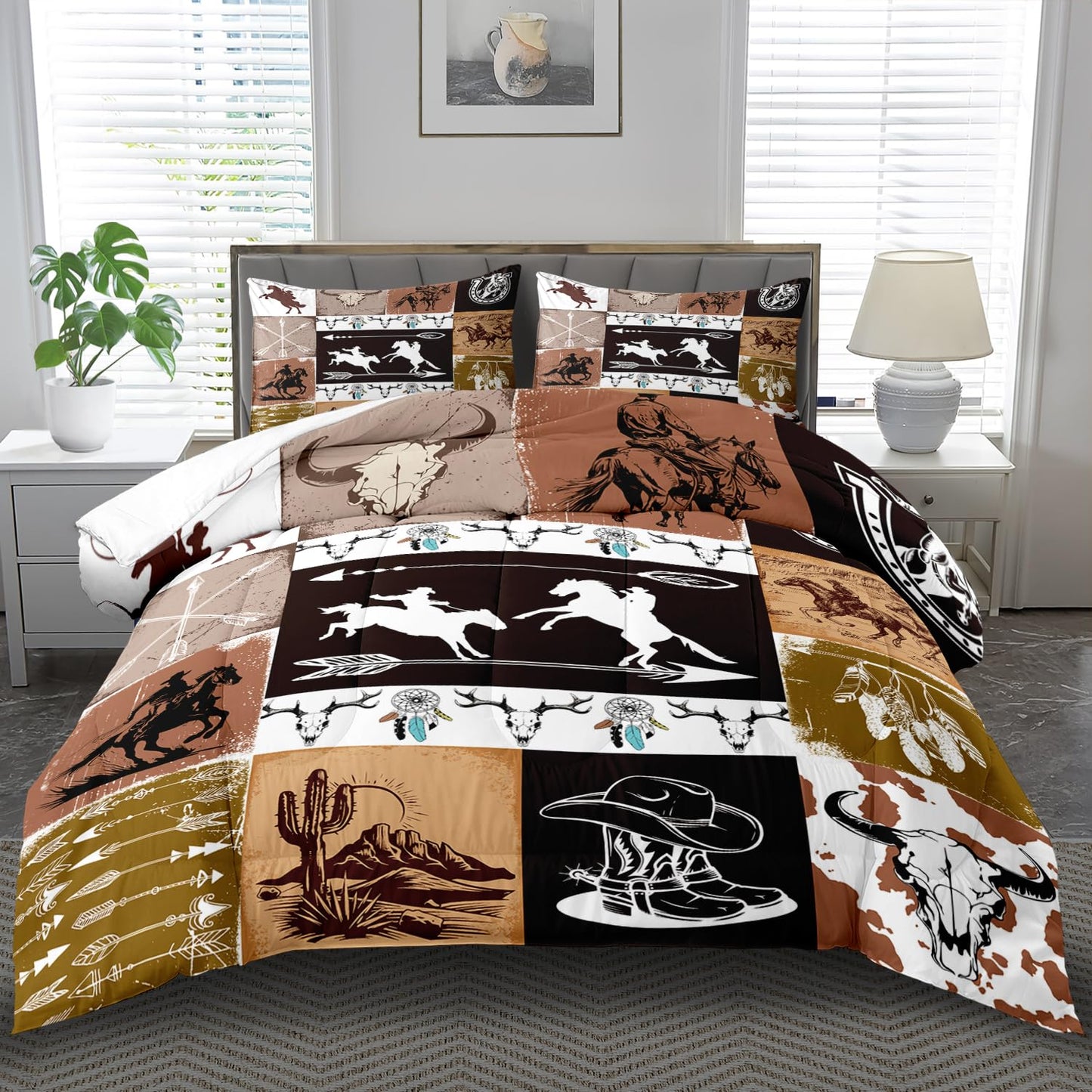 llyxsesty Western Comforter Set King Boys Cowboy Bedding Set for Teens Desert Cactus Comforter King Girls Hunting Quilt Farmhouse Bedroom Decor America West Bedding Country Home Decor Bedroom