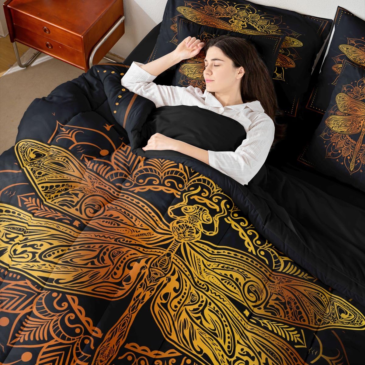 Erosebridal Gold Dragonfly Comforter Set Mandala Bed in A Bag King Size 7 Pieces Boho Bed Set Room Decor Exotic Style Bedding with Sheets