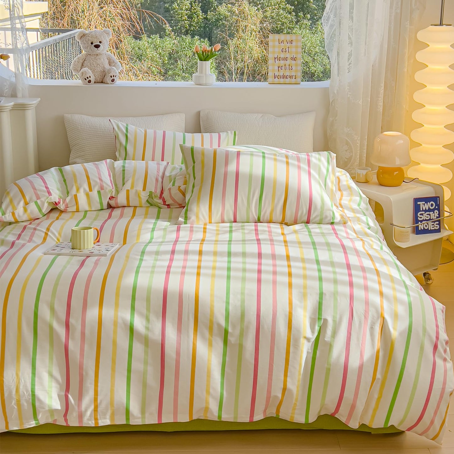 LIWHENHAO Striped Duvet Cover Set Queen 100% Cotton Bedding Red Green Yellow Orange Pink Rainbow Line on White 1 Stripe Geometric Comforter Cover Full 2 Pillowcases for Kids Girls Boys Woman