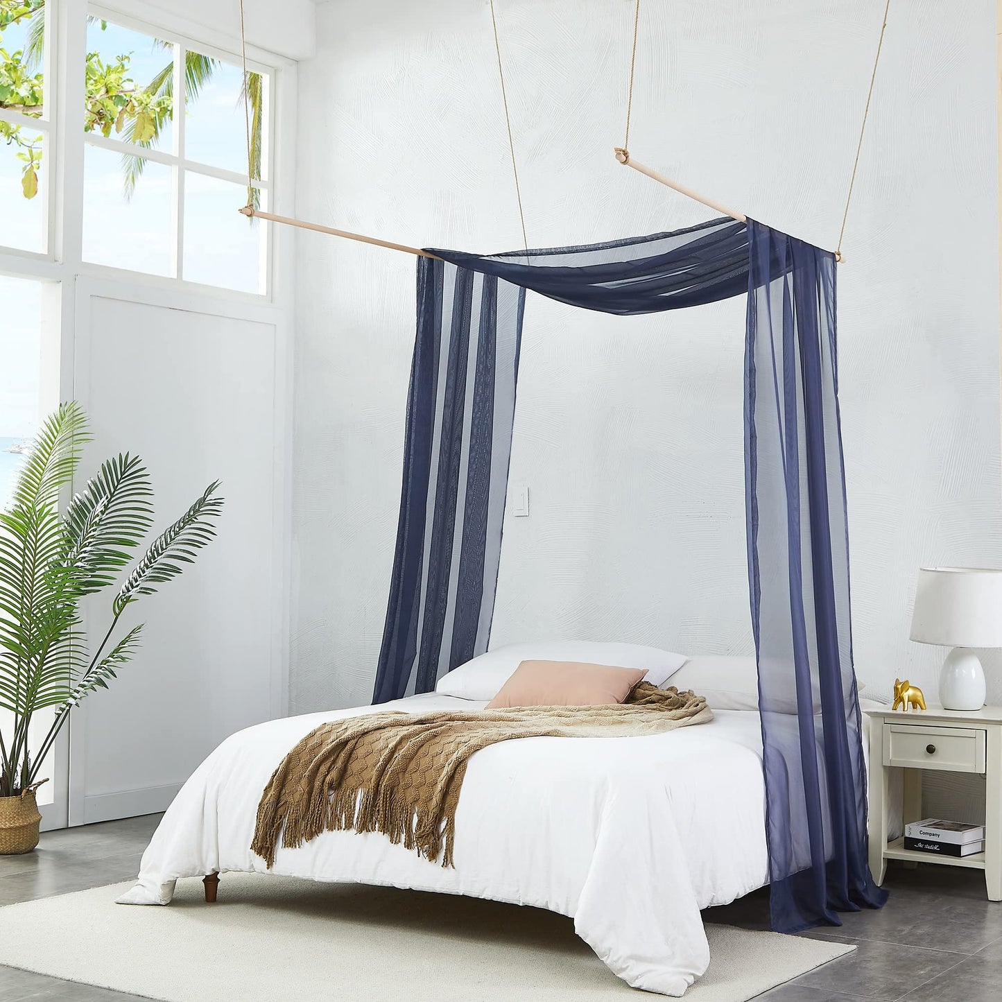 Warm Home Designs Set of 2 White & Navy Blue Canopy Bed Curtains in 55 x 216 Inch Size. 2 Queen Bed Canopy Curtains Can Be Turned Into Kids Bed Tent or Bed Canopy for Girls. BE White & Navy 216"