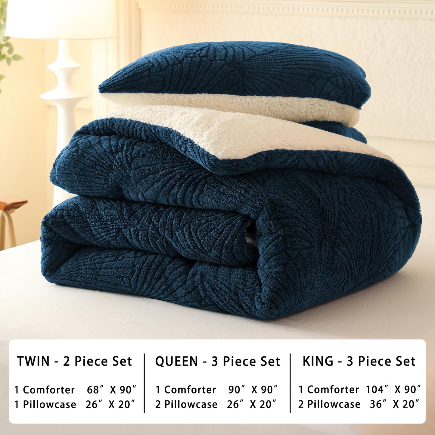 tohrisa Seashell Jacquard Sherpa Comforter Set Warm Cozy Premium Bedding 3 Pieces, King Size Geometric Pattern Quilt Comforter with 2 Pillowcases(104"X90" Dark Blue)