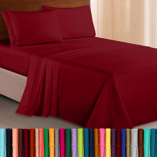 Elegant Comfort Luxurious 1500 Premium Hotel Quality Microfiber Three Line Embroidered Softest 4-Piece Bed Sheet Set, Wrinkle and Fade Resistant, King, Burgundy