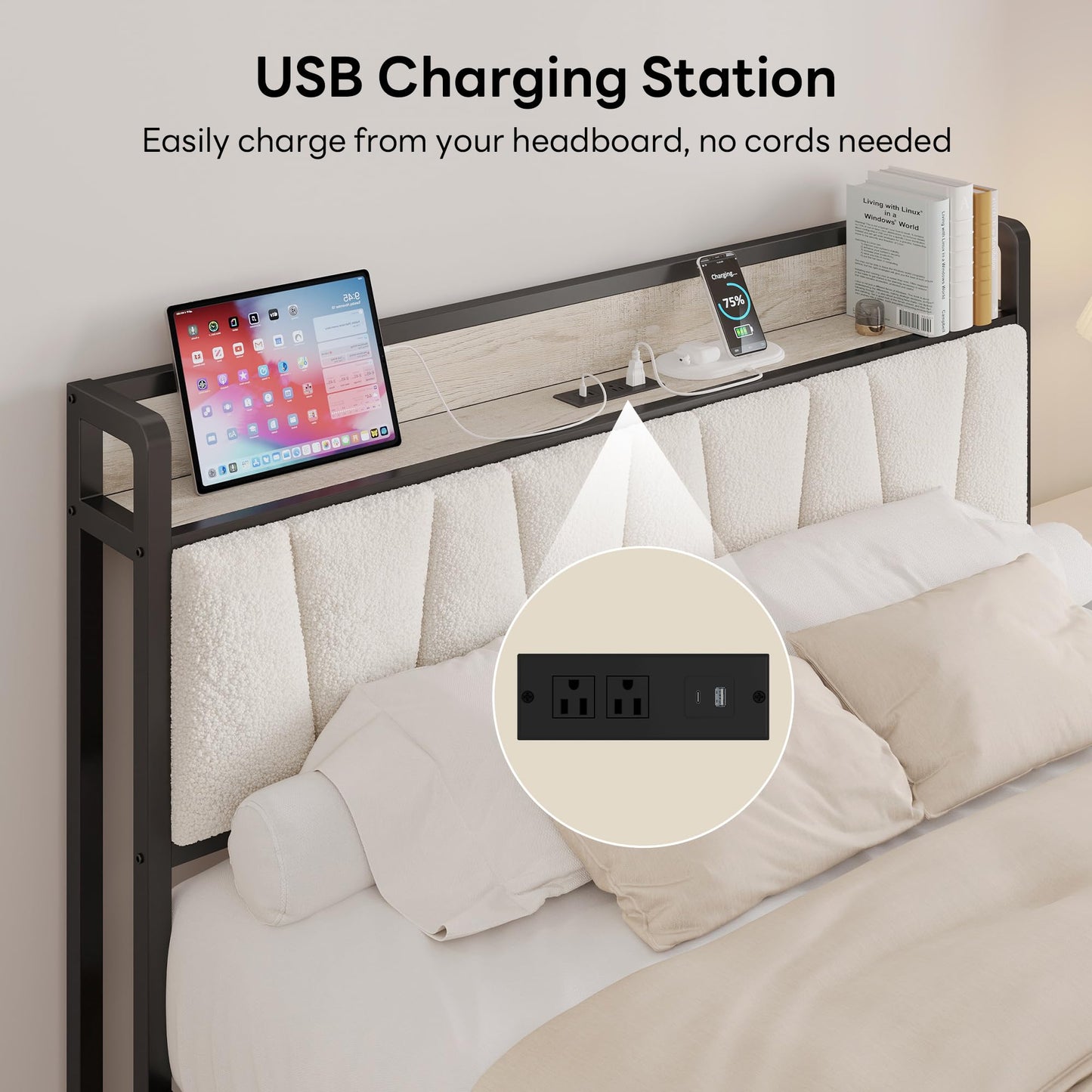 LIKIMIO Full Bed Frames, Bouclé Storage Headboard with Charging Station, Solid and Stable, Noise Free, No Box Spring Needed, Easy Assembly