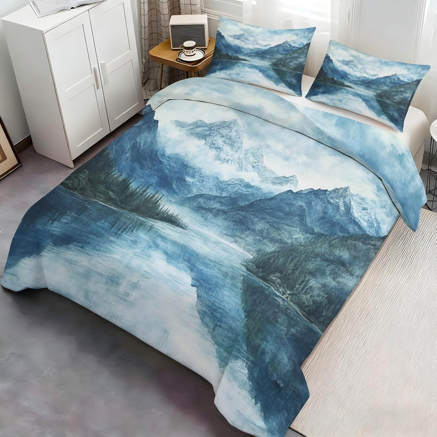 GKPLY Misty Mountain Bedding Comforters, Blue Watercolor Duvet Cover, Serene Nature Comforter Set, Reversible Print - Scenic Landscape Bedding Duvet Cover & 2 Pillowcases California King