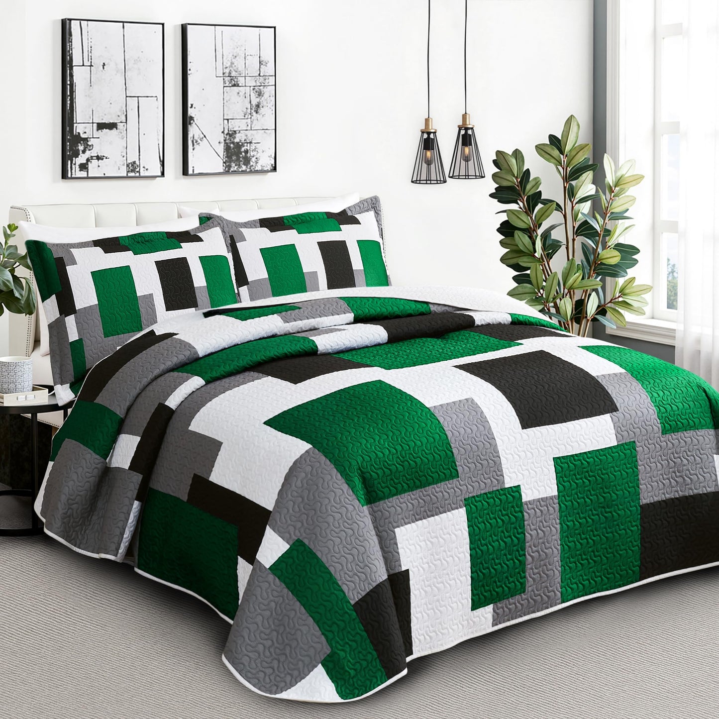 Tyrot 3 Piece Green Quilt Set Full/Queen Size Green Black White Geometric Reversible Bedding Set Microfiber Lightweight Bedspread Coverlet with 2 Shams Modern Bed Cover for All Season, 90''x96''