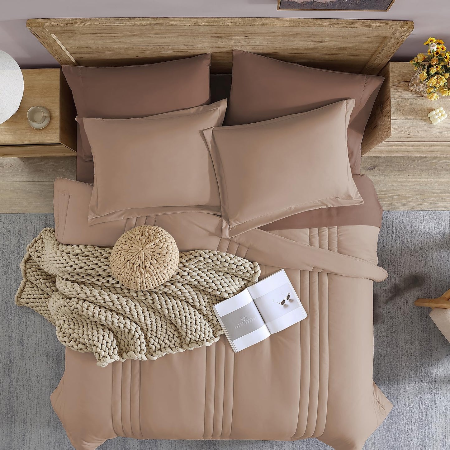 Monbix Queen Comforter Set - 7 Pieces Rust Pink Bed in a Bag Queen Bedding Sets with Comforters, All Seasons Comforter Bed Set with Sheets,Pillowcases & Shams