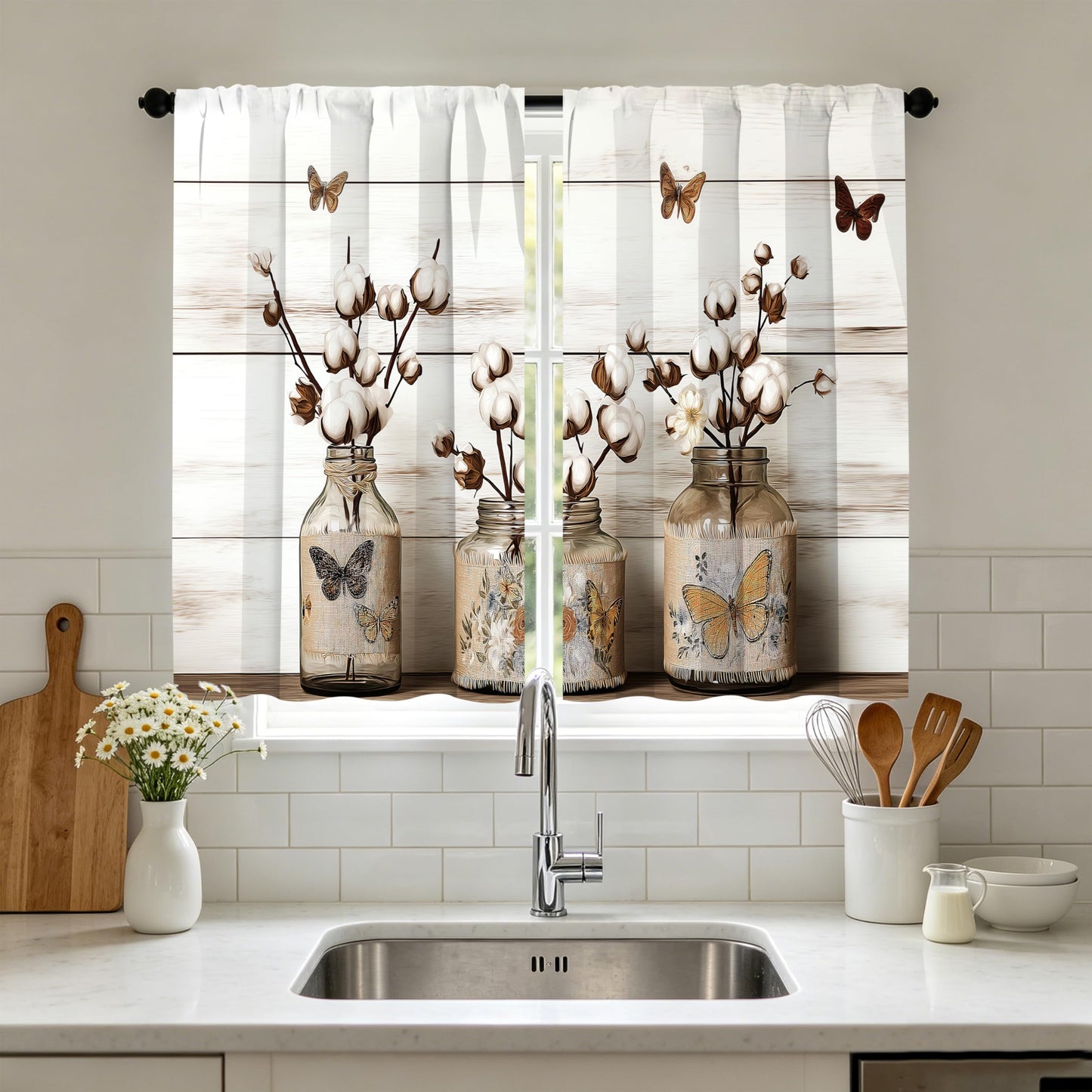 Athjunss Butterfly Kitchen Curtain Cafe Tiers Curtain Rod Pocket for Window Kitchen Farmhouse Bathroom Home Decor 2 Panels 28" W x 36" H