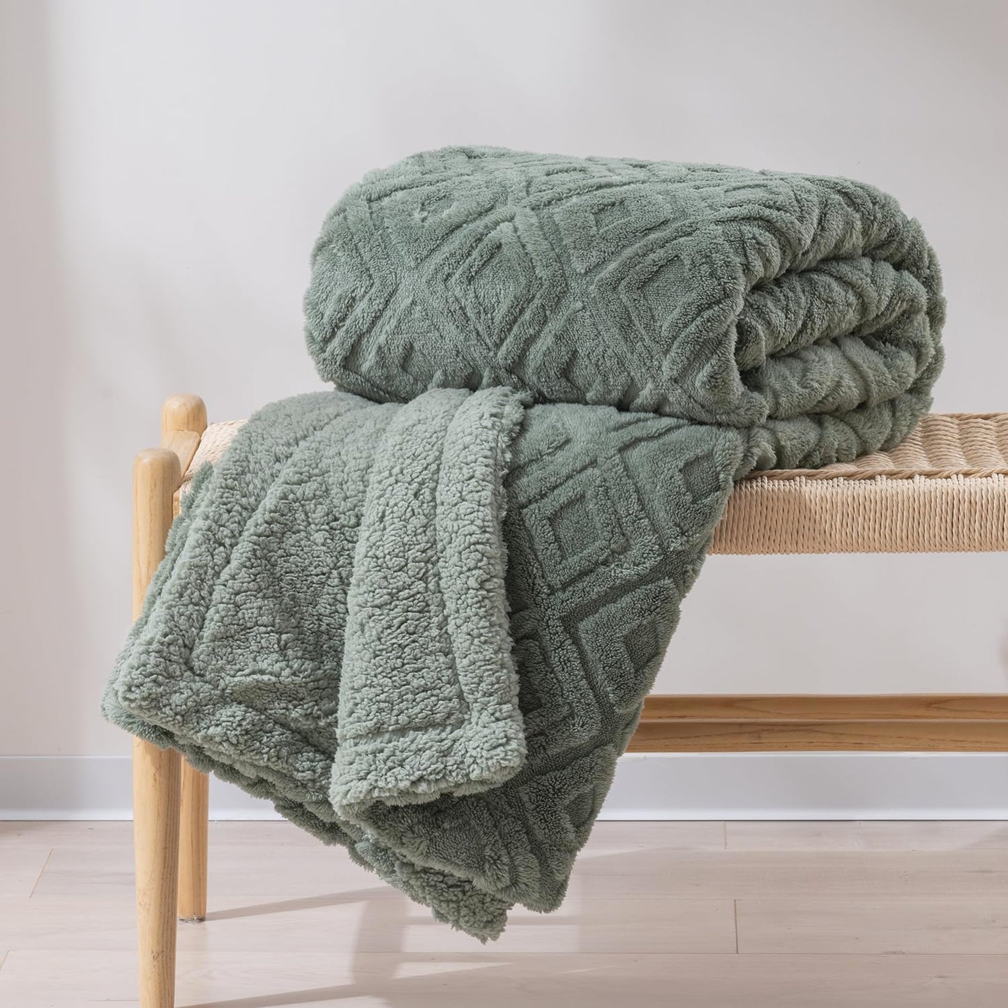 EverGrace Jacquard Boho Sherpa Fleece Throw Blanket for Couch, Super Soft Cozy Fuzzy Plush Blankets for Winter, Reversible Thick Warm Blanket for Bed, Sofa, Living Room, Sage Green, 50" x 60"