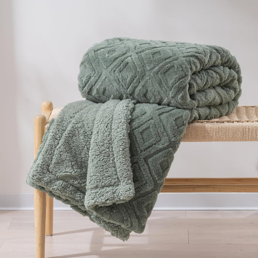 EverGrace Jacquard Boho Sherpa Fleece Throw Blanket for Couch, Super Soft Cozy Fuzzy Plush Blankets for Winter, Reversible Thick Warm Blanket for Bed, Sofa, Living Room, Sage Green, 50" x 60"