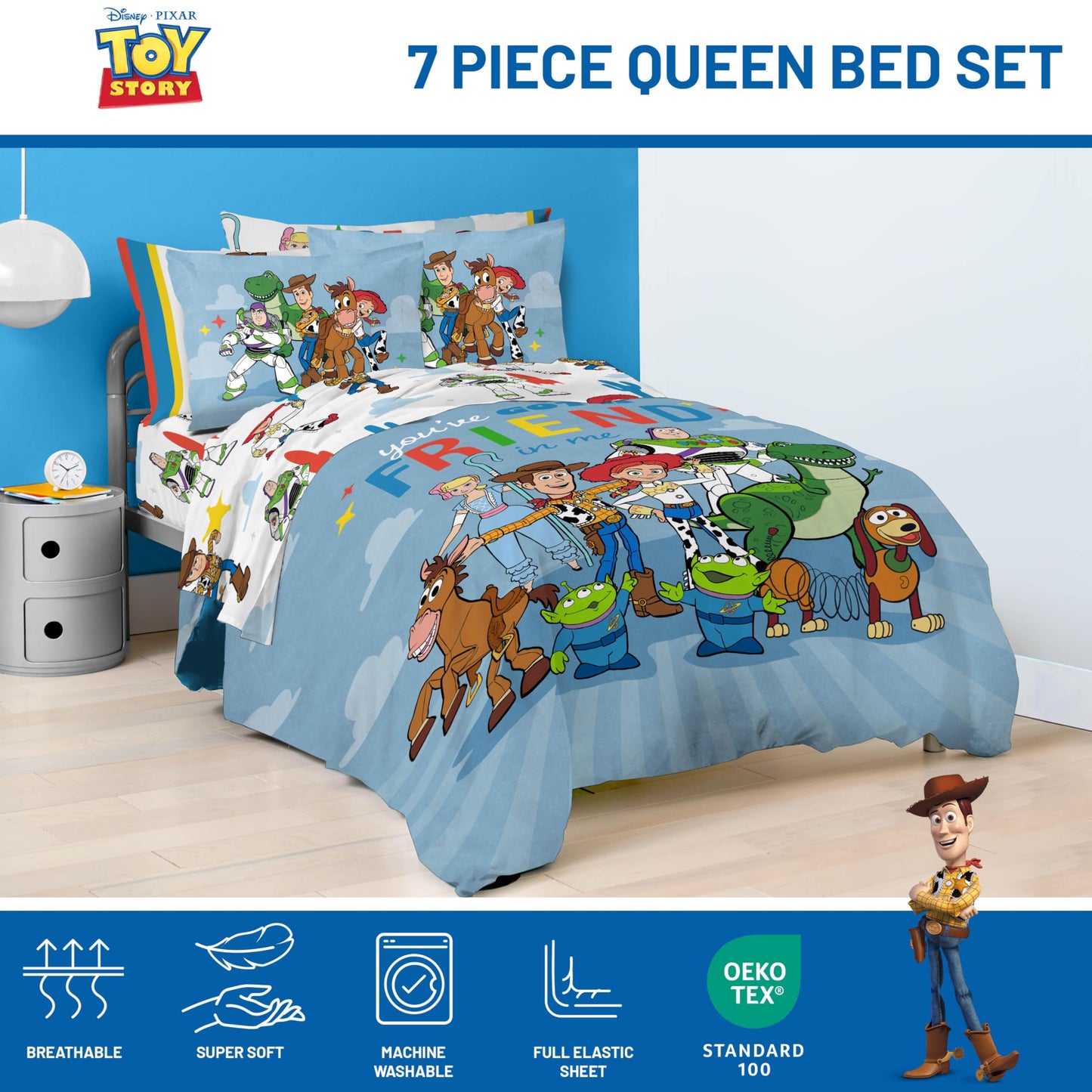 Jay Franco Kids Comforter Set Includes Sheets and Pillow Cover - Soft and Cozy Bed Set for Stylish Room Décor, Blue - Toy Story, 7 Piece Queen