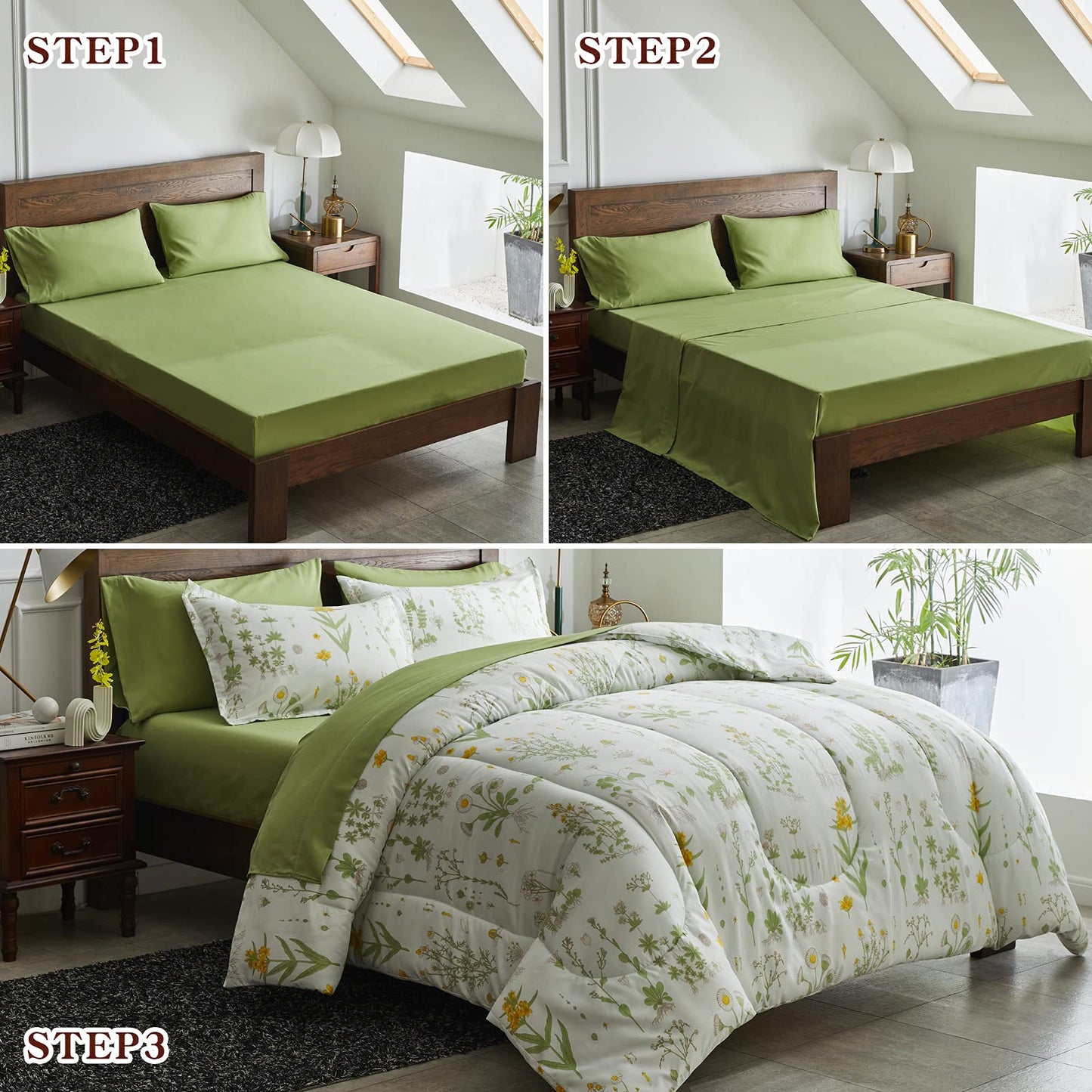 Joyreap 7 Piece Botanical Bed in a Bag Queen, Green Leaves Yellow Flower on Green Tint, Smooth Soft Microfiber Comforter Sheet Set for All Season