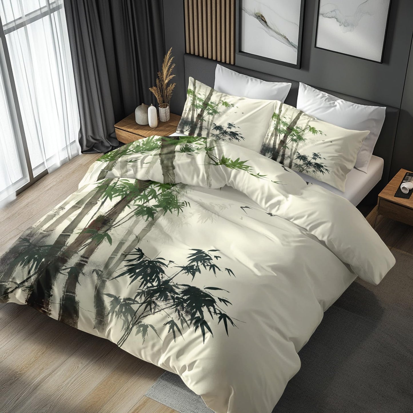 zcwl Bamboo Forest Duvet Cover Oversized King Size | Chinese Ink Style Bedding Set | 3 Piece | Soft Microfiber Patterned Comforter Cover with Zipper Ties & 2 Pillowcases | Oriental Bedroom Decor