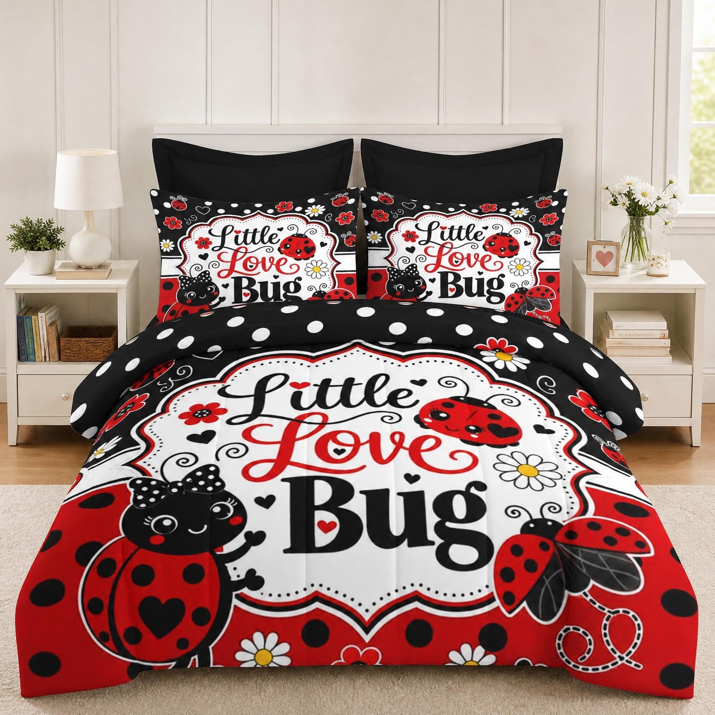Boewywh Comforter Set Twin Size Ladybug Valentines Heart 5 Pcs, Bedding for Kids and Adults, Bed Sheet Sets with Fitted Sheet Pillowcase & Sham for Bedroom Bed Decor