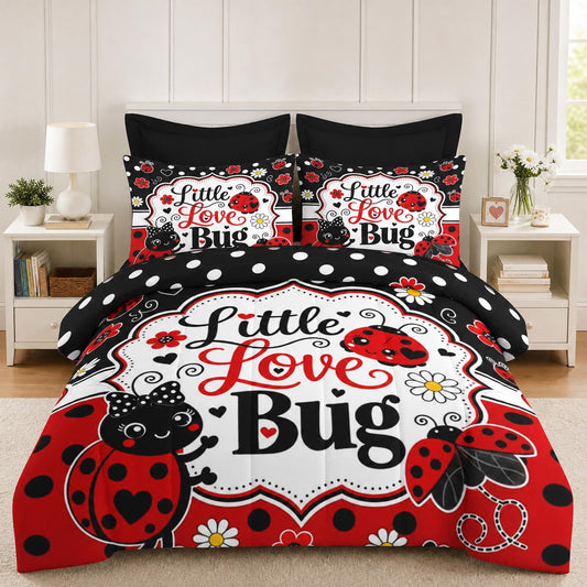 Boewywh Comforter Set Twin Size Ladybug Valentines Heart 5 Pcs, Bedding for Kids and Adults, Bed Sheet Sets with Fitted Sheet Pillowcase & Sham for Bedroom Bed Decor