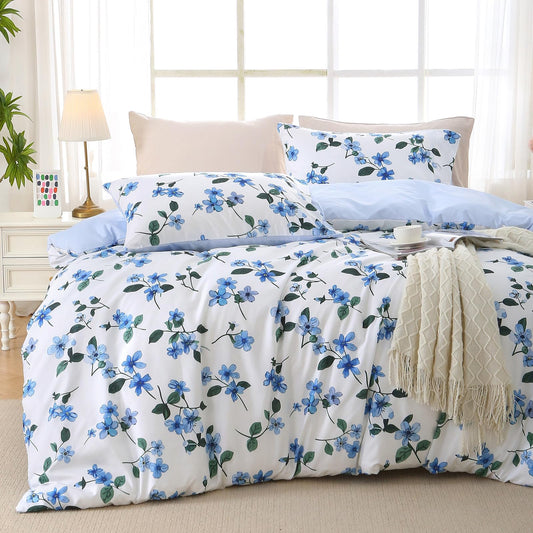 MUXHOMO Duvet Cover Queen Size, Reversible Vintage Floral Duvet Cover Set with Zipper Closure, 3 Pieces Botanical Patterns Soft Microfiber Bedding Set (90"x90", 2 Pillow Cases, Large Blue Flower)
