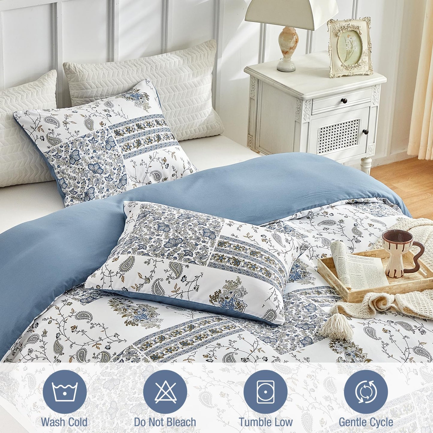 Lekesky Queen Size Duvet Cover Set, Patchwork Floral 3 Pieces Reversible Blue Paisley Duvet Cover Set, Ultra-Soft Microfiber 3 Pieces Comforter Cover with Zipper, Includes 2 Pillowcases