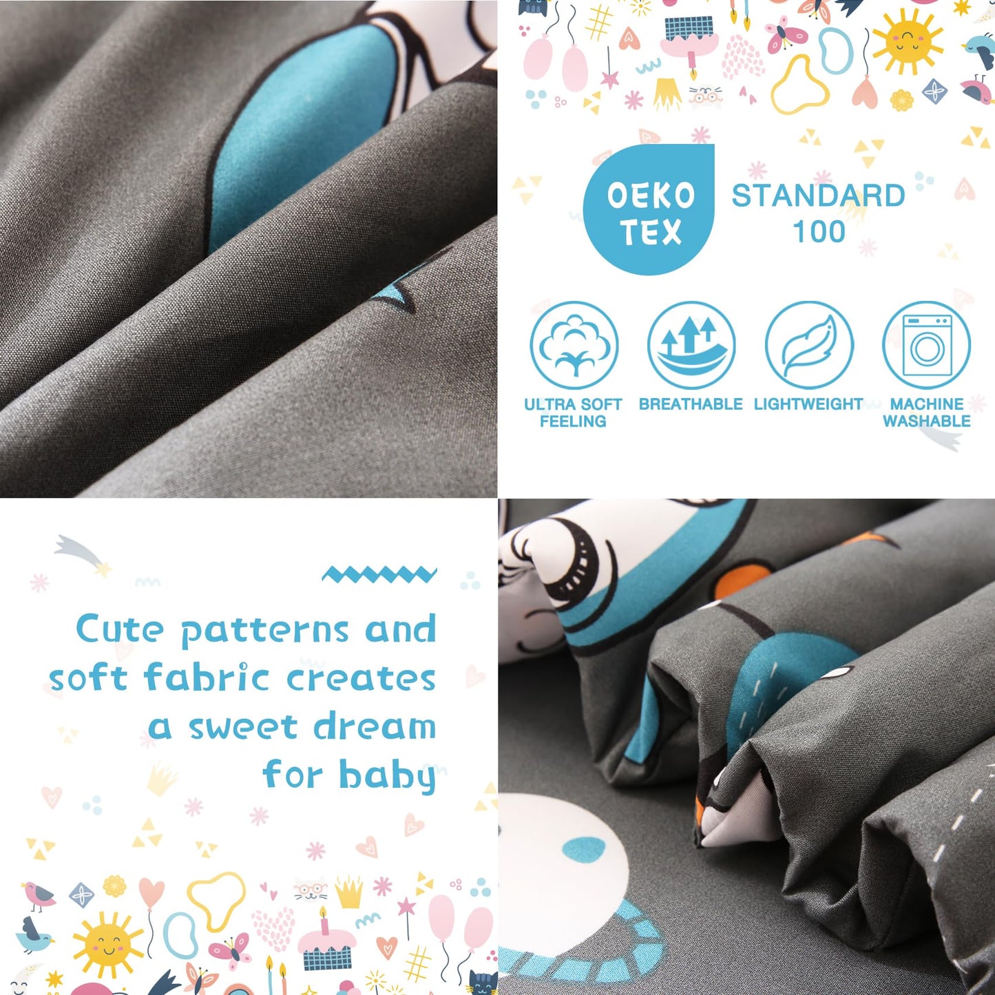 JSD Grey Astronaut Toddler Bedding Set, 4 Piece Space Theme Bed-in-a-Bag Comforter Sheet Set, Machine Washable