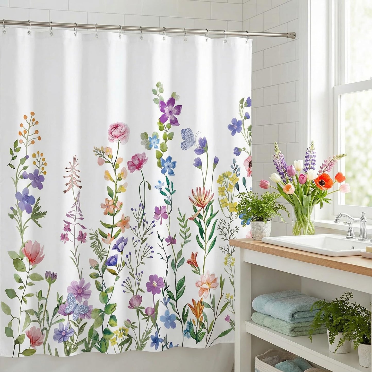 ZCHOMI Spring Floral Shower Curtain Wildflower Plant Shower Curtains for Bathroom Waterproof Polyester Fabric Bath Curtain 72 x 72 Inch with 12 Plastic Hooks