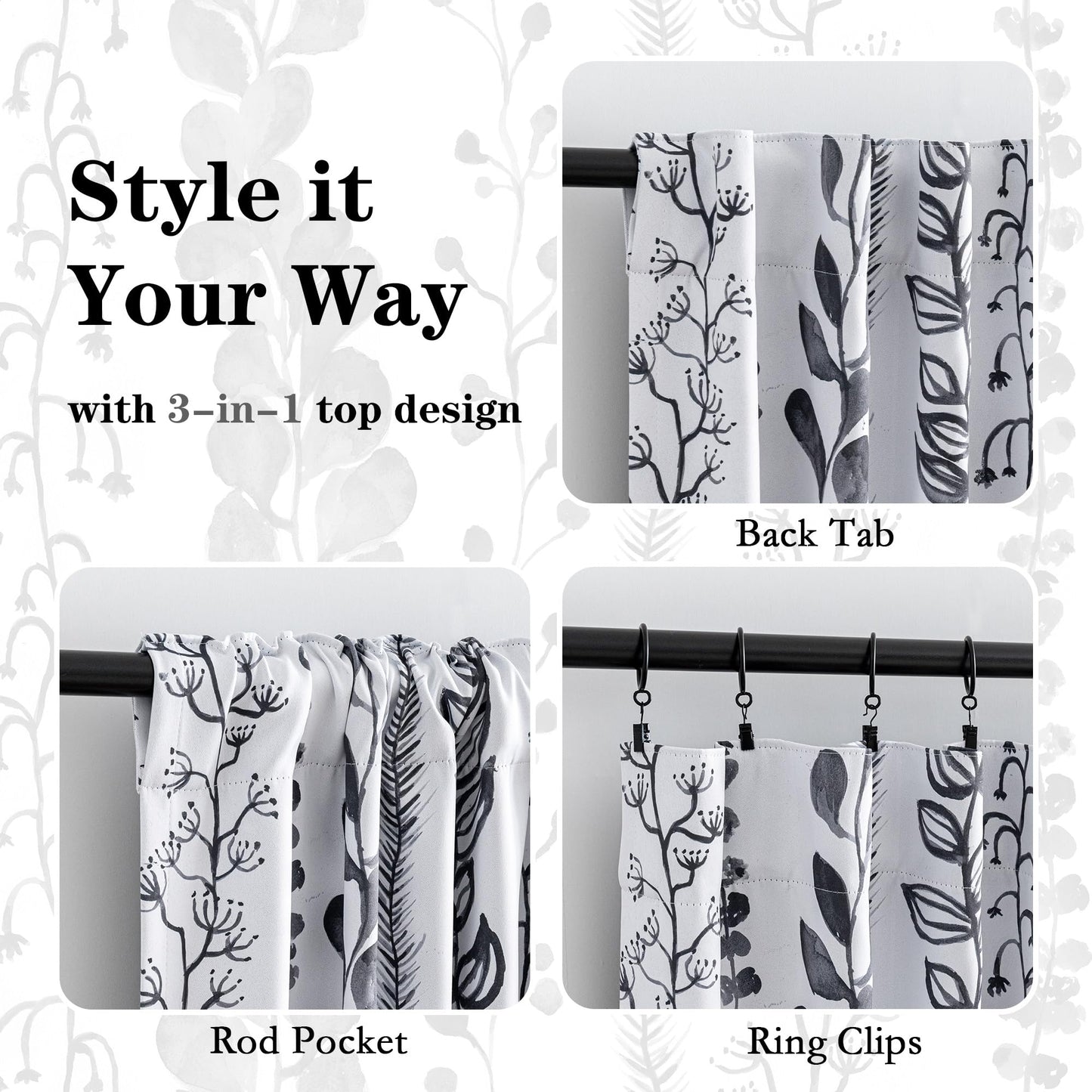 MEETSKY Boho Blackout Leaves Patterned Curtains 84 Inch Long 2 Panels Set for Bedroom, Room Darkening Dark Grey Drapes for Living Room, Thermal Insulated Rod Pocket Back Tab Window Treatment, 50"Wide