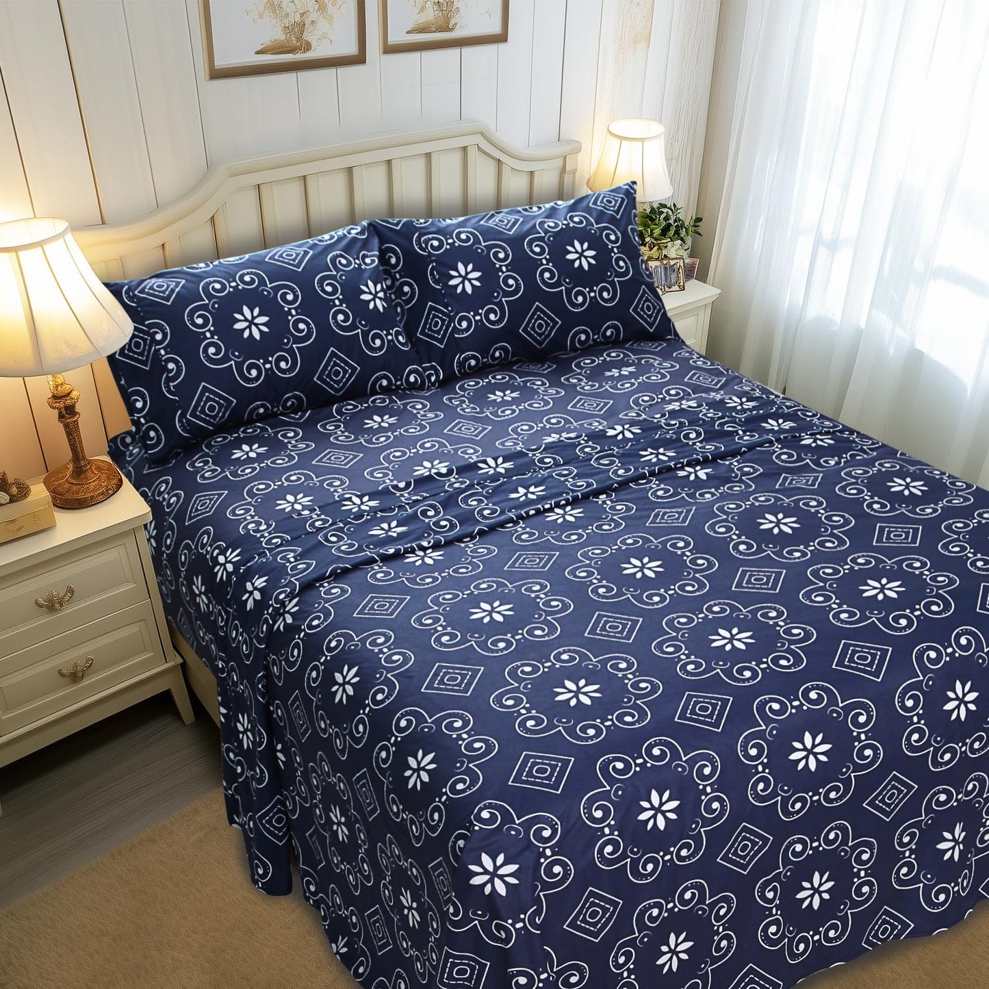 Marquess Microfiber Flannel Sheet Set - Ultra Soft Printed Bedding Collection, 16 Inches Deep Pocket, Flannel Bed Set Includes 1 Flat Sheet, 1 Fitted Sheet & 2 Pillowcases (Queen, Navy)