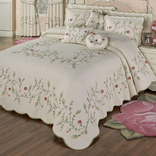 Posy Cottage Garden Style Bedding | Chain Stitch Embroidery, Crochet, & Quilting Fiber Art Floral Vines | 6 Pc Quilted Cotton Bed Set with Oversized King Bedspread, 2 King Shams and 3 Accent Pillows
