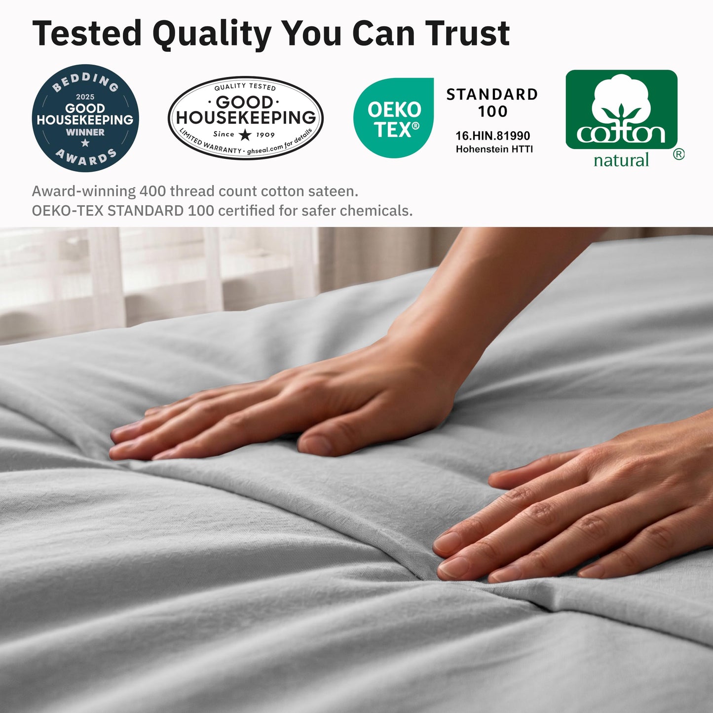 California Design Den 3 Pc Duvet Cover Set Queen Size/Full Size - Winner Good Housekeeping Best Bedding Awards 2025, 400 Thread Count Sateen, 100% Cotton, Button Closure, Corner Ties - Light Grey
