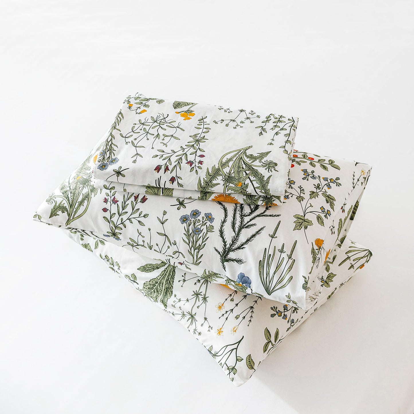 SUSYBAO Green Yellow Botanical Duvet Cover Queen 100% Cotton 3 Pcs Set 1 Garden White Dandelion Flower Duvet Cover with Zipper Ties 2 Pillowcases Sage Blue Floral Bedding Set Soft