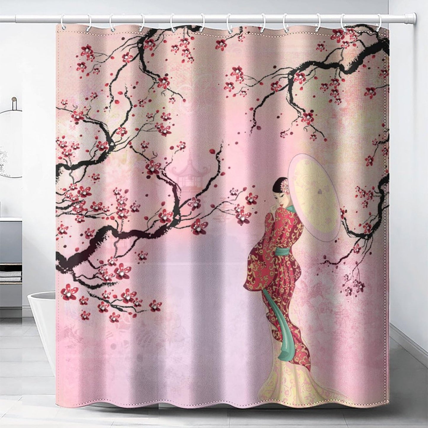 DDCBNS Japanese Geisha Shower Curtains,Asian Style Red Plum Blossom Ink Painting Shower Curtain for Bathroom Decor Asia Oriental Theme Fabric Waterproof Upholstery Hook 66x72inch