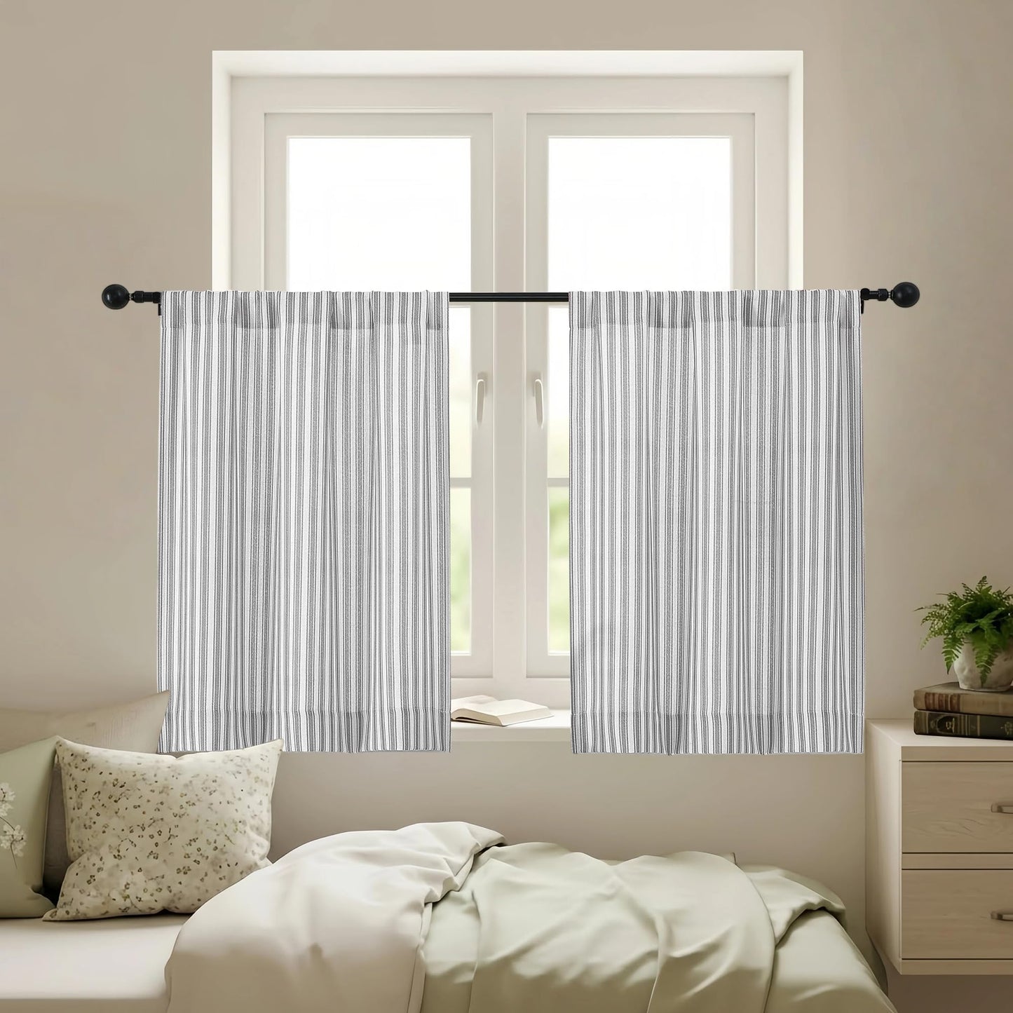 Chyhomenyc Striped Boho Curtains 24 Inch Length - Light Filtering Faux Linen Half Window Cafe Curtains, Farmhouse Short Curtain Tiers for Bathroom RV Camper, 30Wx24L, 2 Pieces, Grey