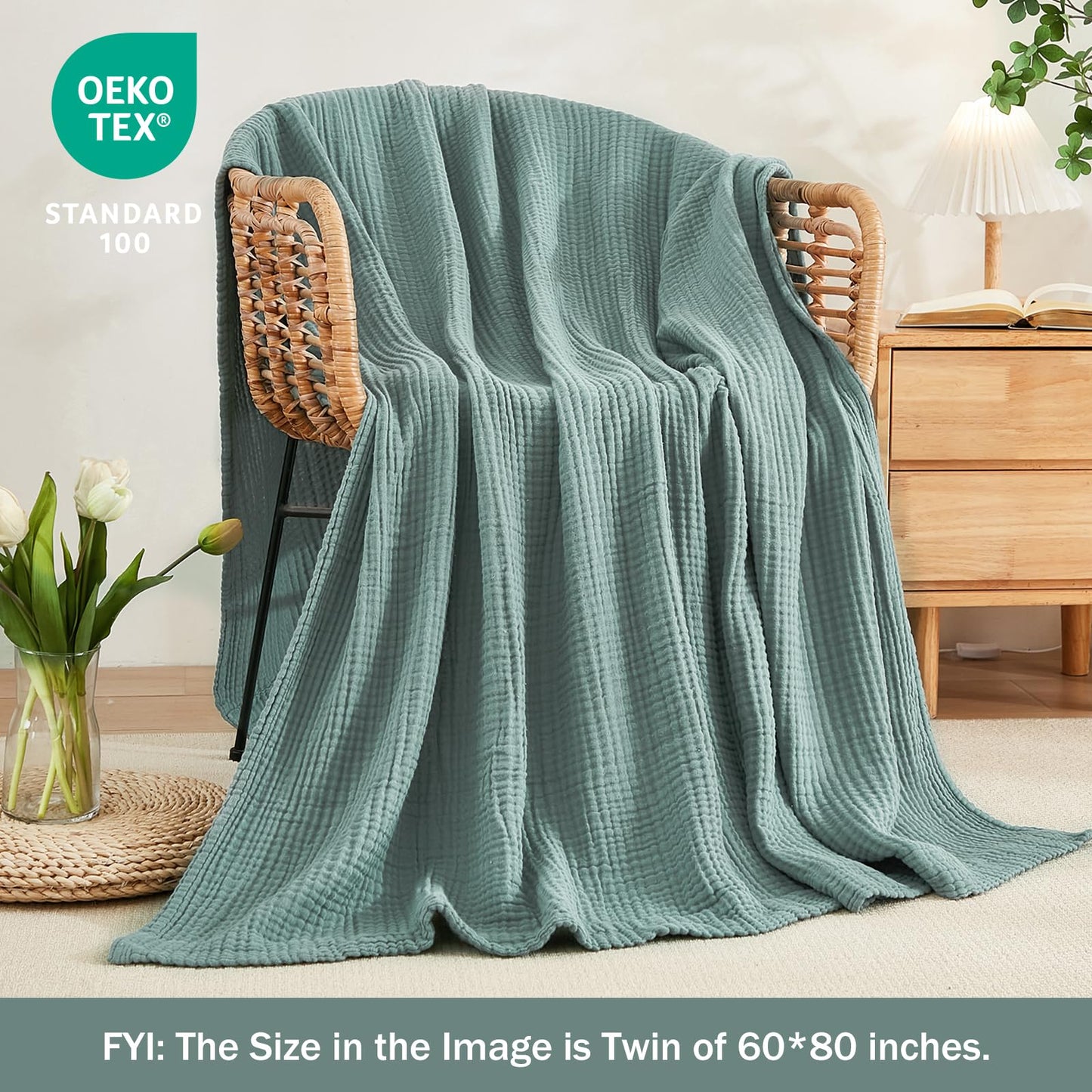 EMME Muslin Throw Blanket for Adults 100% Cotton Blankets for Couch 4-Layer Summer Breathable Gauze All Season Soft and Lightweight Pre-Washed (Teal, 50"x71")