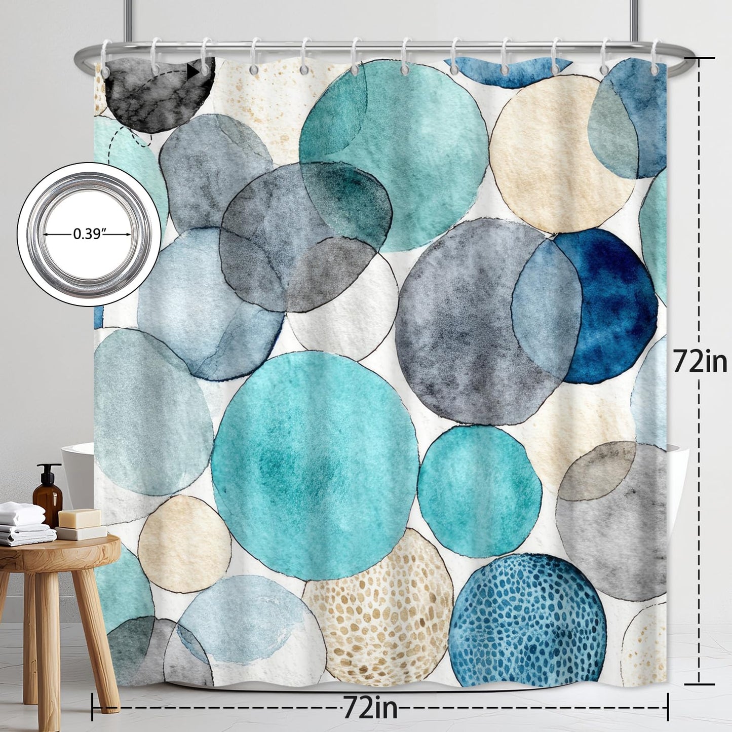 Watercolor Polka Dot Shower Curtain, Abstract Geometric Colorful Circles Bathroom Curtains, Hotel Style Polyester Fabric Shower Curtain, Waterproof Washable with Hooks, 72x72 Inch, Teal and Aqua Blue