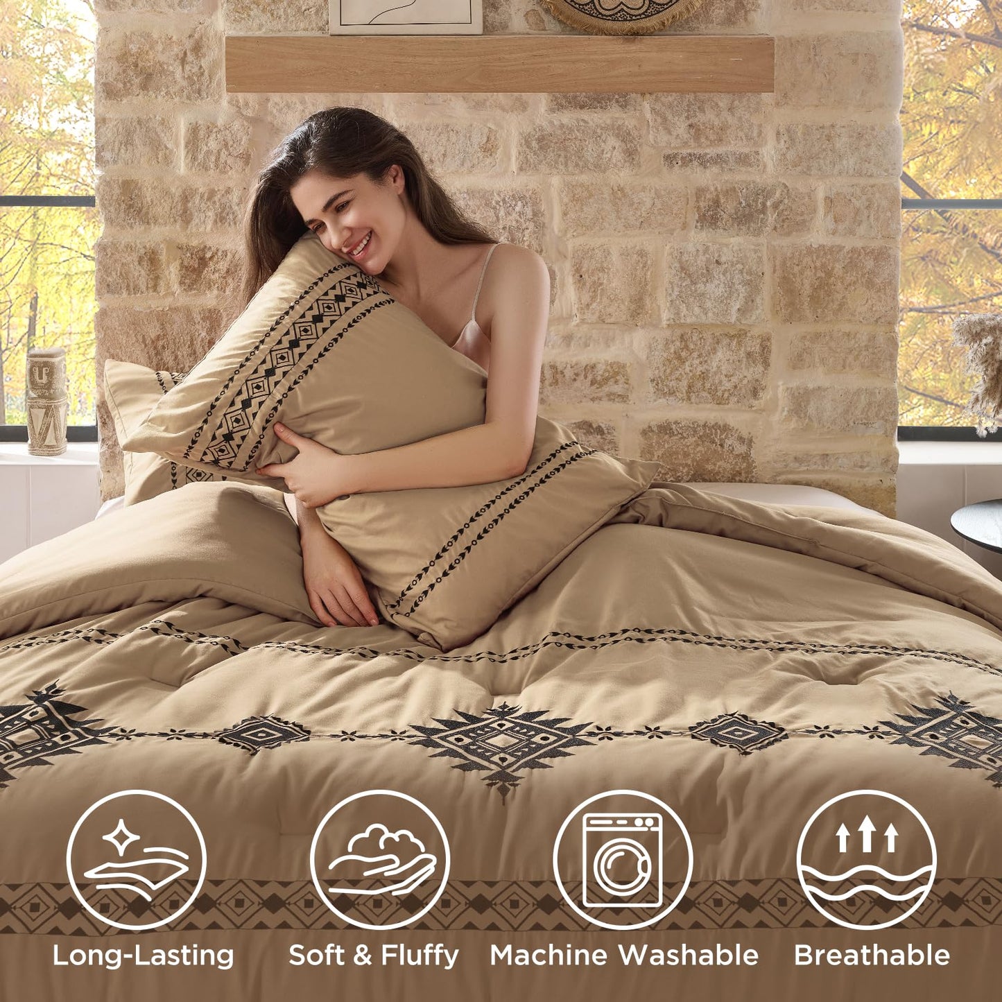 Baskbed Boho Embroidered Bed Comforter Queen Set, 3-Piece Western Shabby Chic Bedding Set - Fluffy Ultra Soft Microfiber with Intricate Design, Includes Comforter & 2 Pillowcases, Khaki(88"x88")