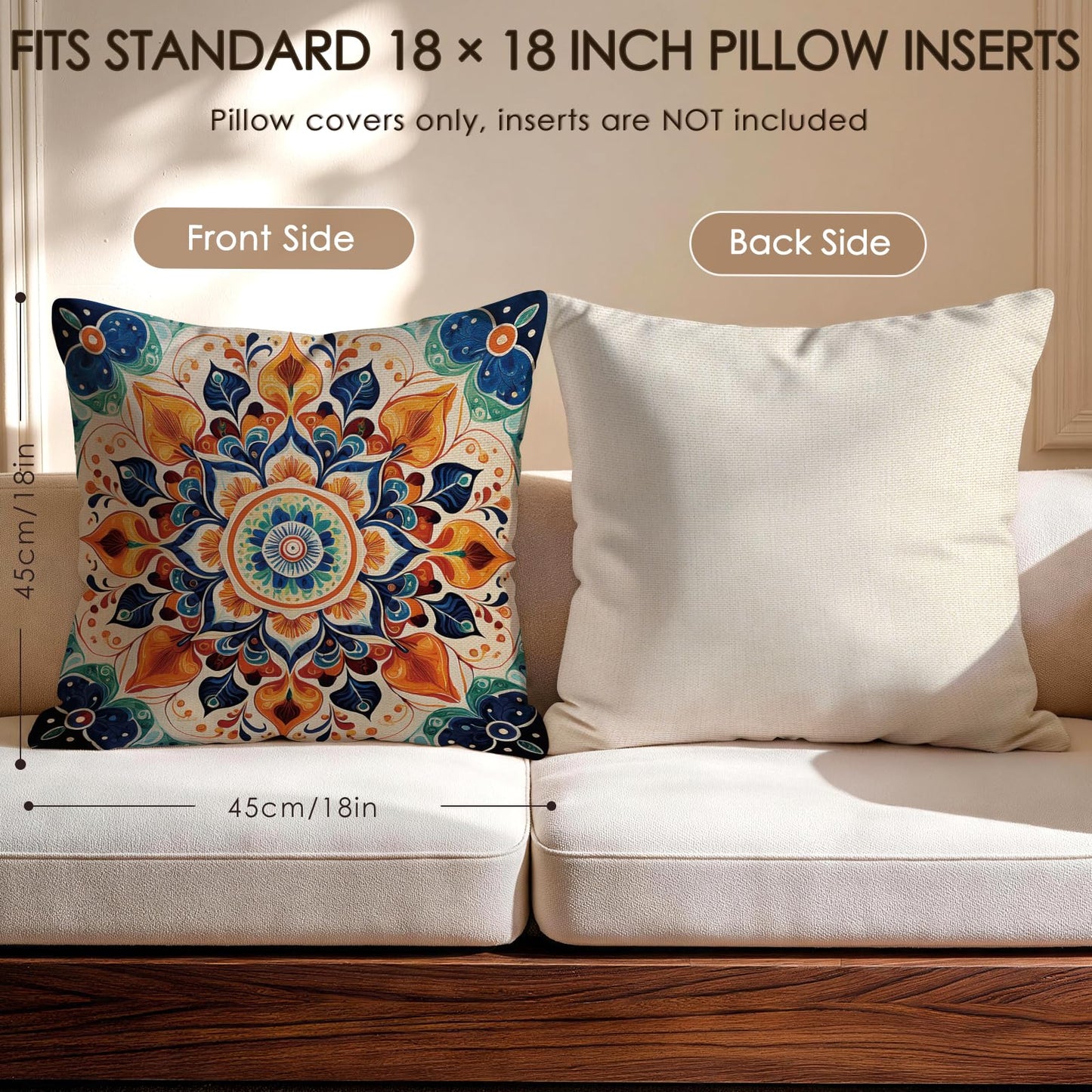 OBSEDE Boho Mandala Throw Pillow Covers Set of 4, 18x18 Inch Blue and Orange Bohemian Decorative Pillow Cases for Couch Sofa, Psychedelic Floral Spiritual Home Decor
