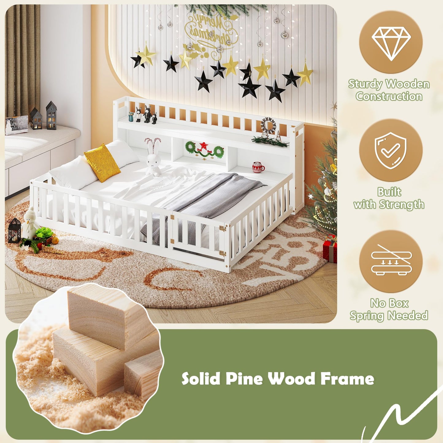 mikibama Full Size Montessori Floor Bed with Bookcase for Kids, White