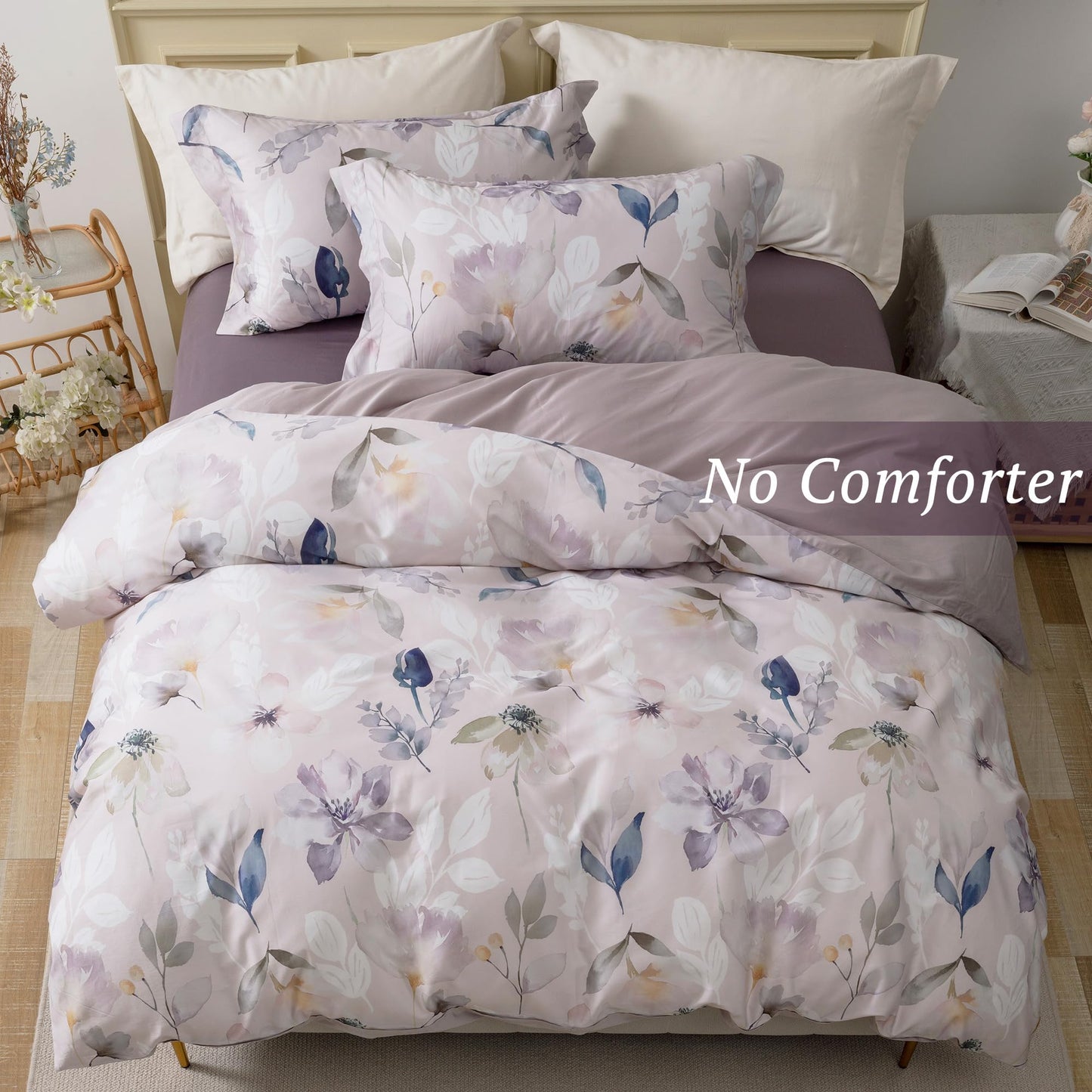 MILDLY 100% Long-Staple Cotton Duvet Cover Set Light Gray Pink Floral Leaf Pattern Printed Comforter Cover 3pcs, Ultra Soft & Breathable Bedding Set