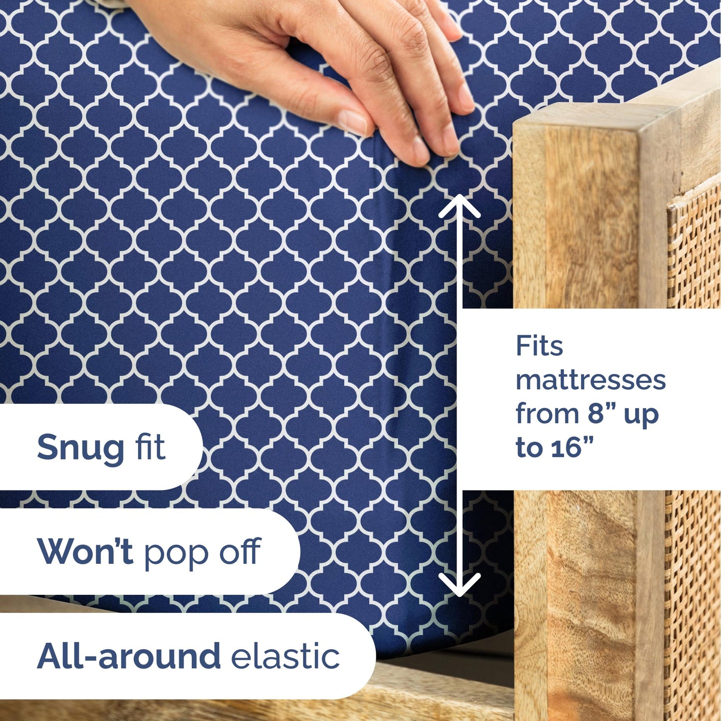 Blue Geometric Bed Sheets - 1 Flat & 1 Fitted Sheet & 2 Pillowcases w/ Deep Pockets – Wrinkle & Fade Free- Ultra-Soft, Breathable and Cooling - Luxury Moroccan Bed Set – Full Size - Navy Quatrefoil