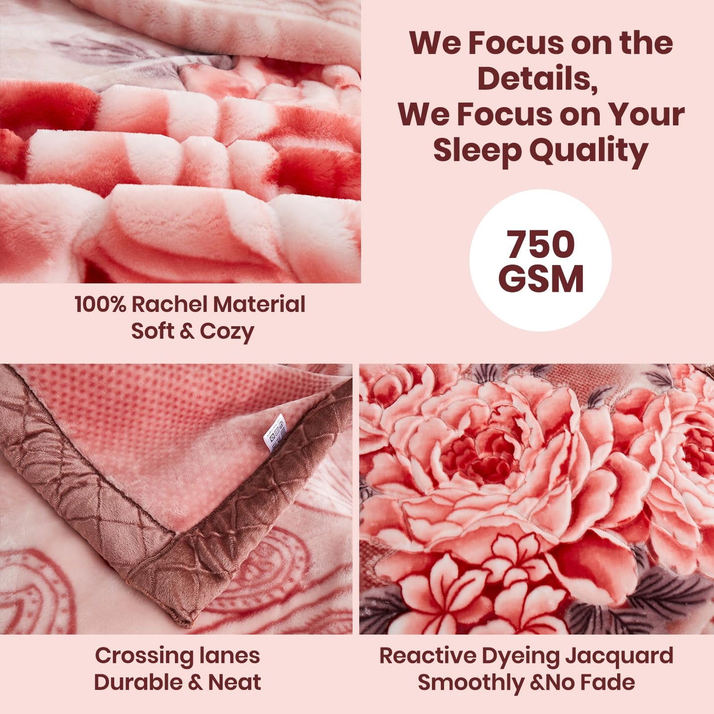MODUSKYE Mink Blankets, Korean Heavy Fleece Plush 78x90 inch 2 Ply Mink Blankets with Peony Pattern 7.7lbs Queen Soft Cozy Raschel Blanket for Autumn Winter (Bean Paste)