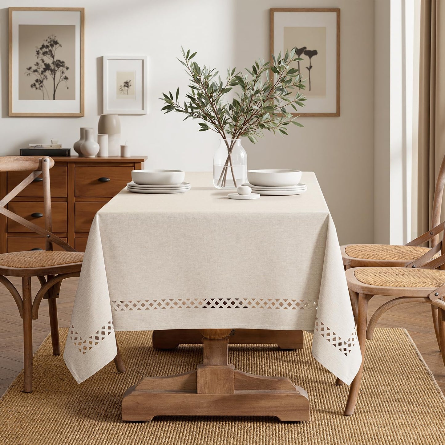 MIULEE Beige Rectangle Linen Polyester Tablecloth with Decorative Cutouts Spring Waterproof Stain Resistant & Shrink-Proof Table Cloth 52x70 inch Farmhouse Style for Dining Wedding and Outdoor