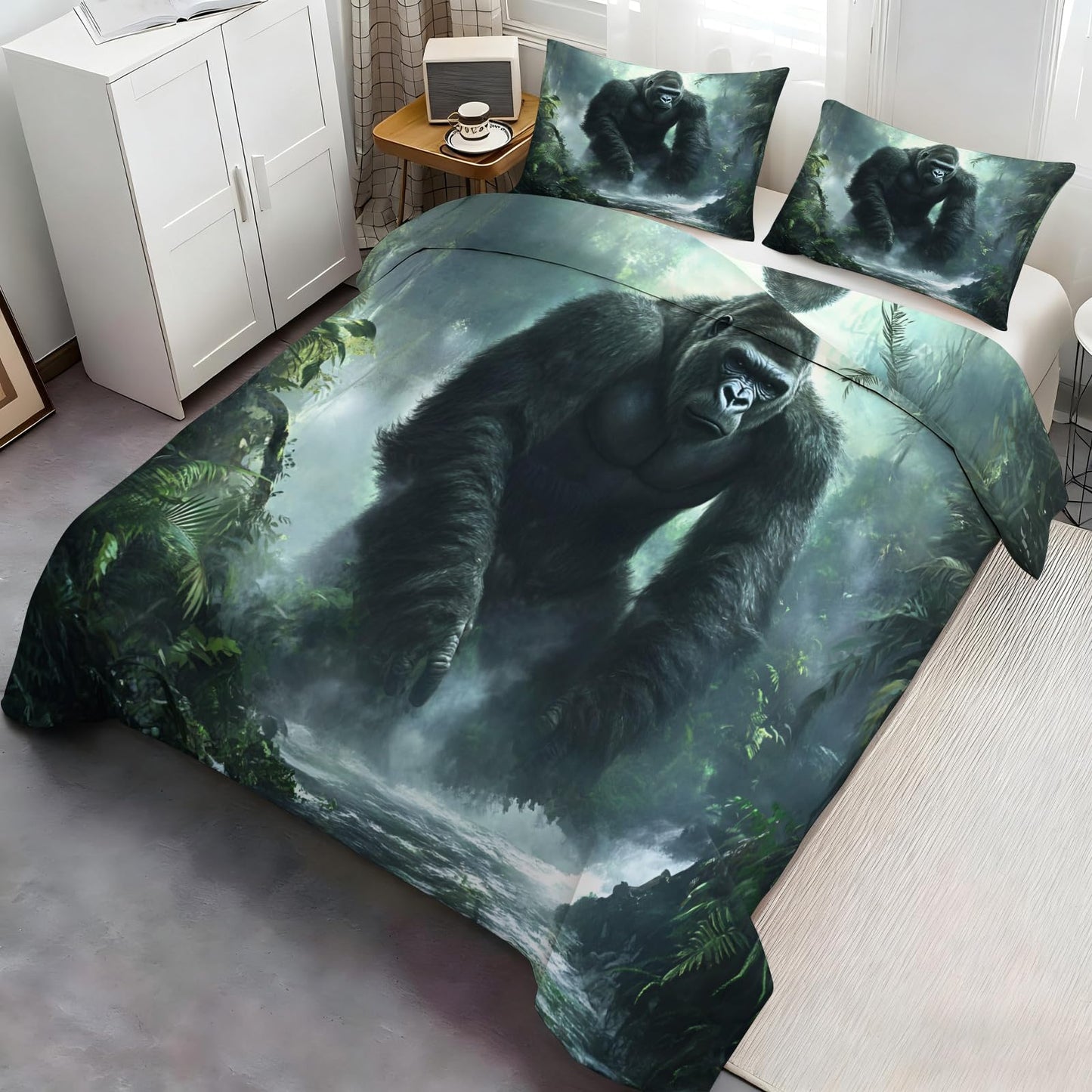 Twin Size Duvet Cover Gorilla Print Duvet Cover Rainforest Comforter Cover Jungle Bedding Kids Room Bedding Decor (Reversible Printing)
