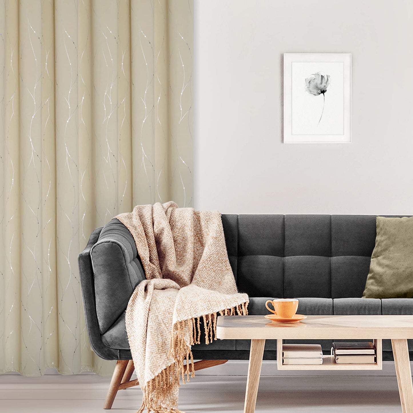 BUHUA Beige Curtains for Bedroom 84 Inch Length Silver Foil Print Light Blocking Curtains, Thermal Insulated Drapes, 38 x 84 Inch, Beige, 2 Panels