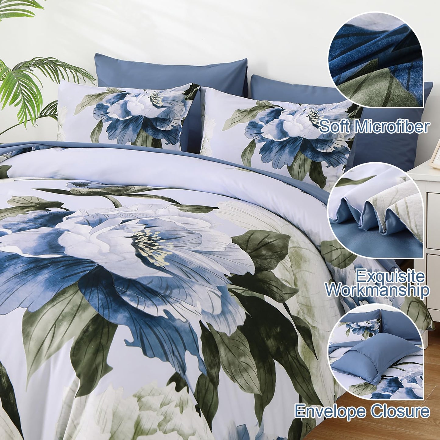 Dobuyly Blue Twin Comforter Set 5 Piece Bed in a Bag Twin Size, Blue Floral Print on Light Blue Comforter Set with Sheets, Soft Microfiber Complete Bedding Set for All Season