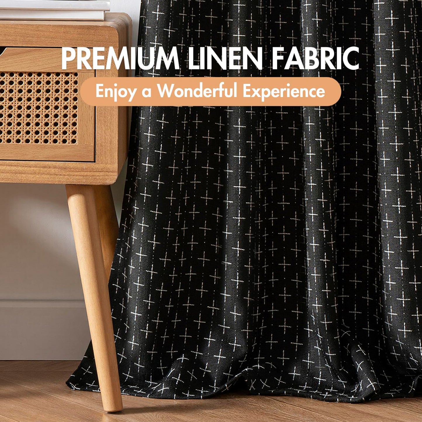 MIULEE 100% Blackout Decorative Linen Curtains with Geometric Pattern, Thick Woven Farmhouse Rustic Patterned Drapes with Back Tab for Bedroom and Living Room, Black, 52 x 84 Inches, 2 Panels