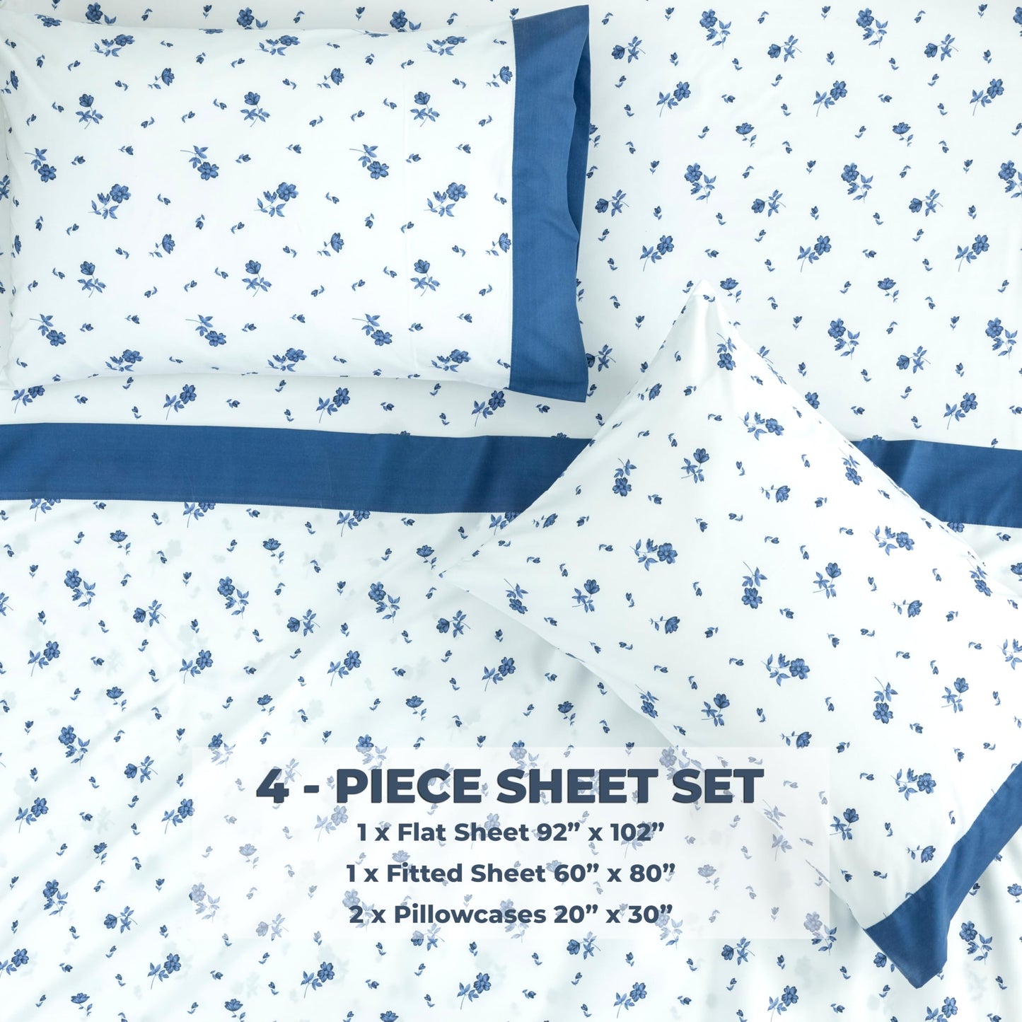 Dreamology Sheet Set Queen, 4 Pieces Microfiber Sheet Set, Printed Sheet Set with Solid Cuffed Detail,Includes 1 Flat Sheet,1 Deep Pocket Fitted Sheet and 2 Pillowcases,Queen Bed Sheets – Blue Floral