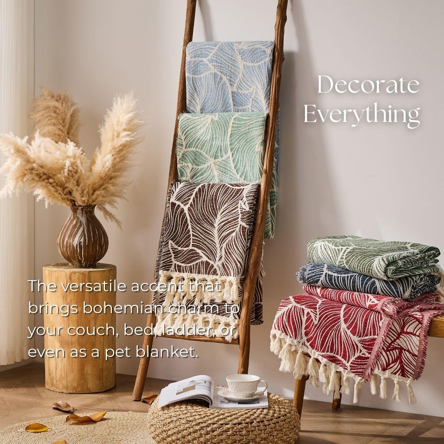 DOWN HOME Chenille Cotton Throw Blanket for Couch, Lightweight Boho Blanket for Bed Sofa Chair Living Room Outdoor Soft Woven Decorative Blanket with Tassel Gift Navy Leaves 55"x60"