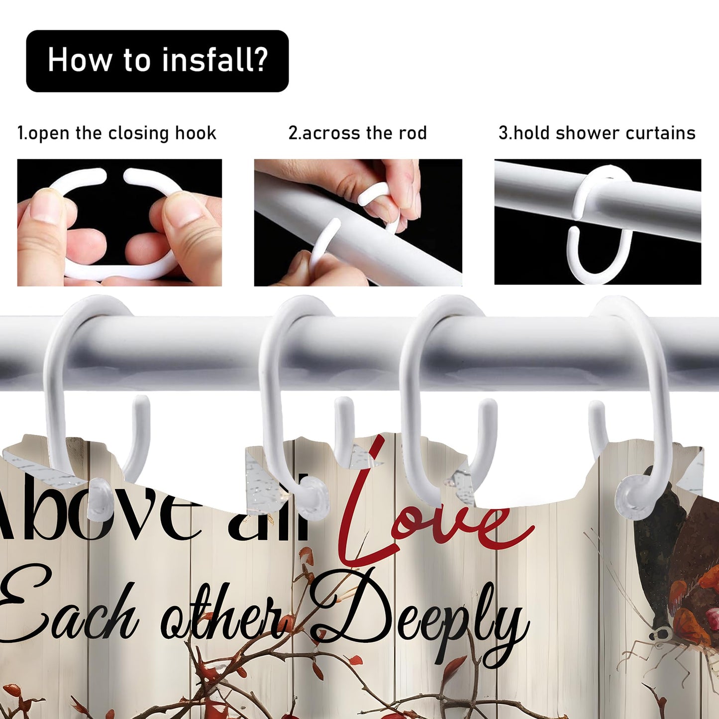 AZHM Sunset Love Heart Shower Curtain Set 4 PCS Inspirational Quote Bathroom Rug Set with Shower Curtain and 12 Hooks