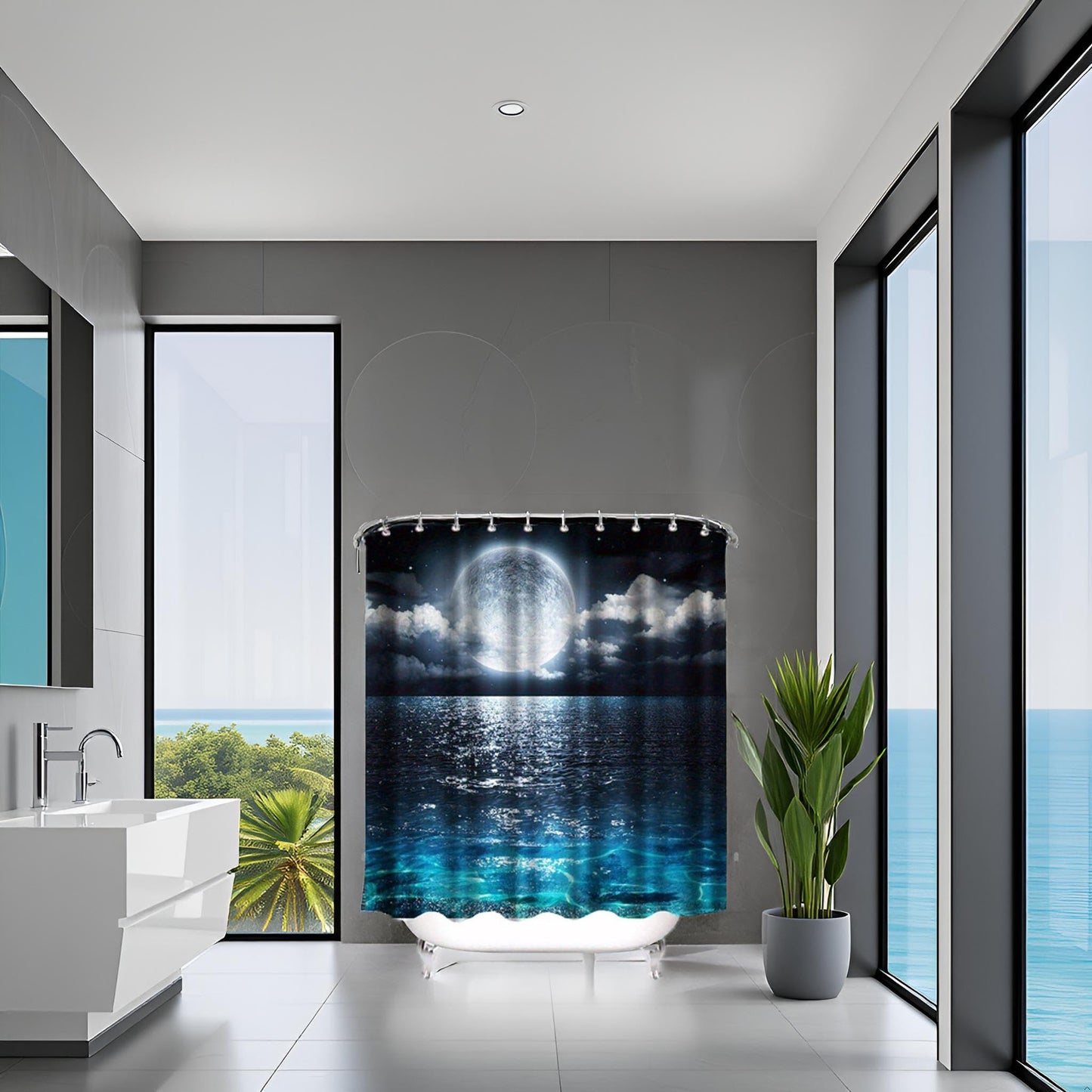VividHome Shower Curtain Full Moon Over Ocean Landscape Waterproof Fabric Shower Curtain for Bathroom Decor Set with Hooks 72 x 72 Inches