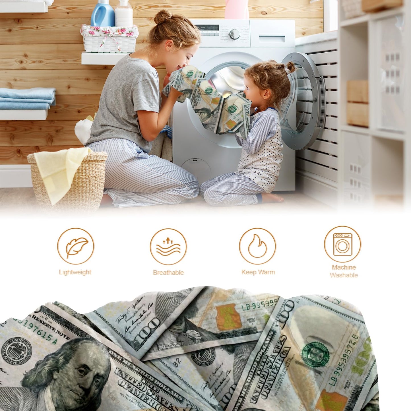 Hohoto USA Dollar Throw Blanket for Men Women, 100 Dollars Theme Decoration Gifts for Home Bedroom Living Room Couch Sofa 50"x60"